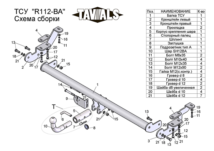 ТСУ для RENAULT KANGOO 2 (2008-2013) (С БЫСТРОСЪЕМНЫМ ШАРОМ)