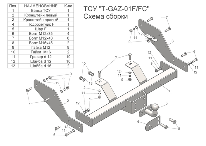 ТСУ (со съемным шаром) для  2705 (кроме 4WD без снятия запасного колеса)
